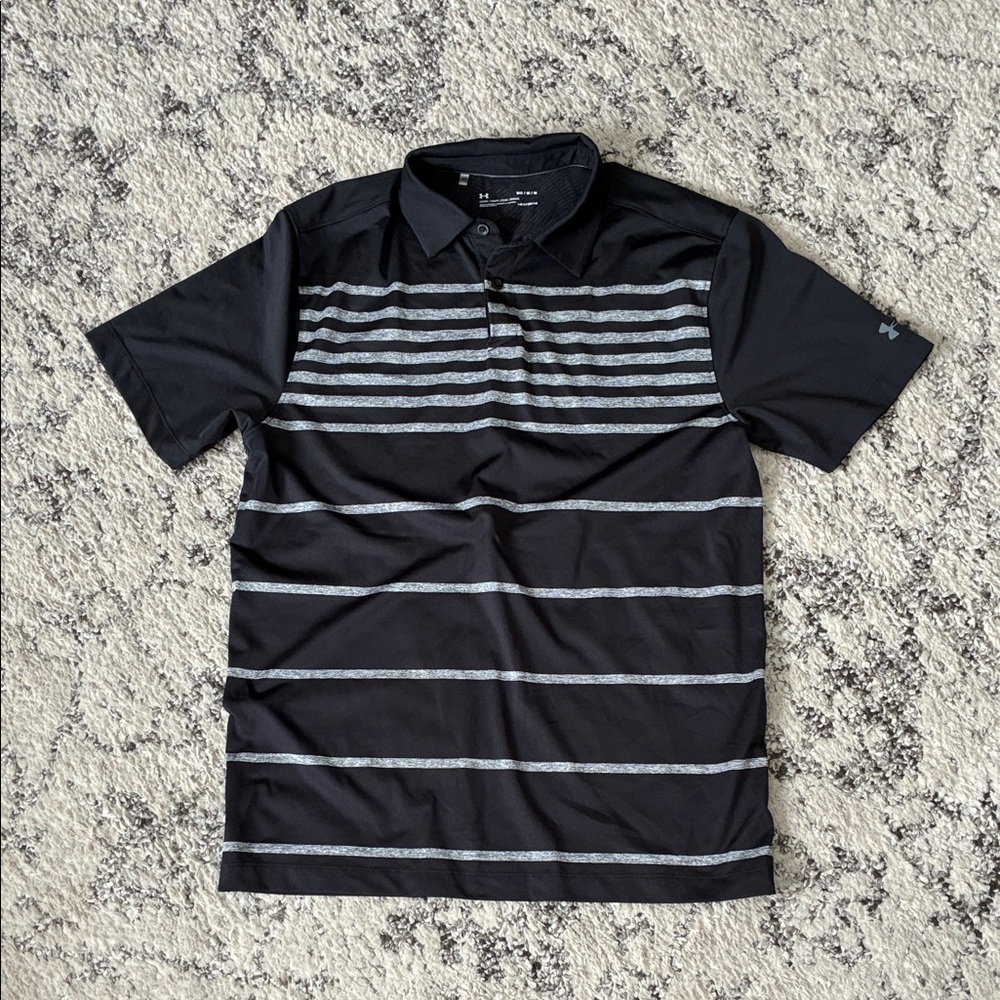 Like-new Under Armour Men's Polo Shirt in Black with Gray Stripes—-Size: Medium